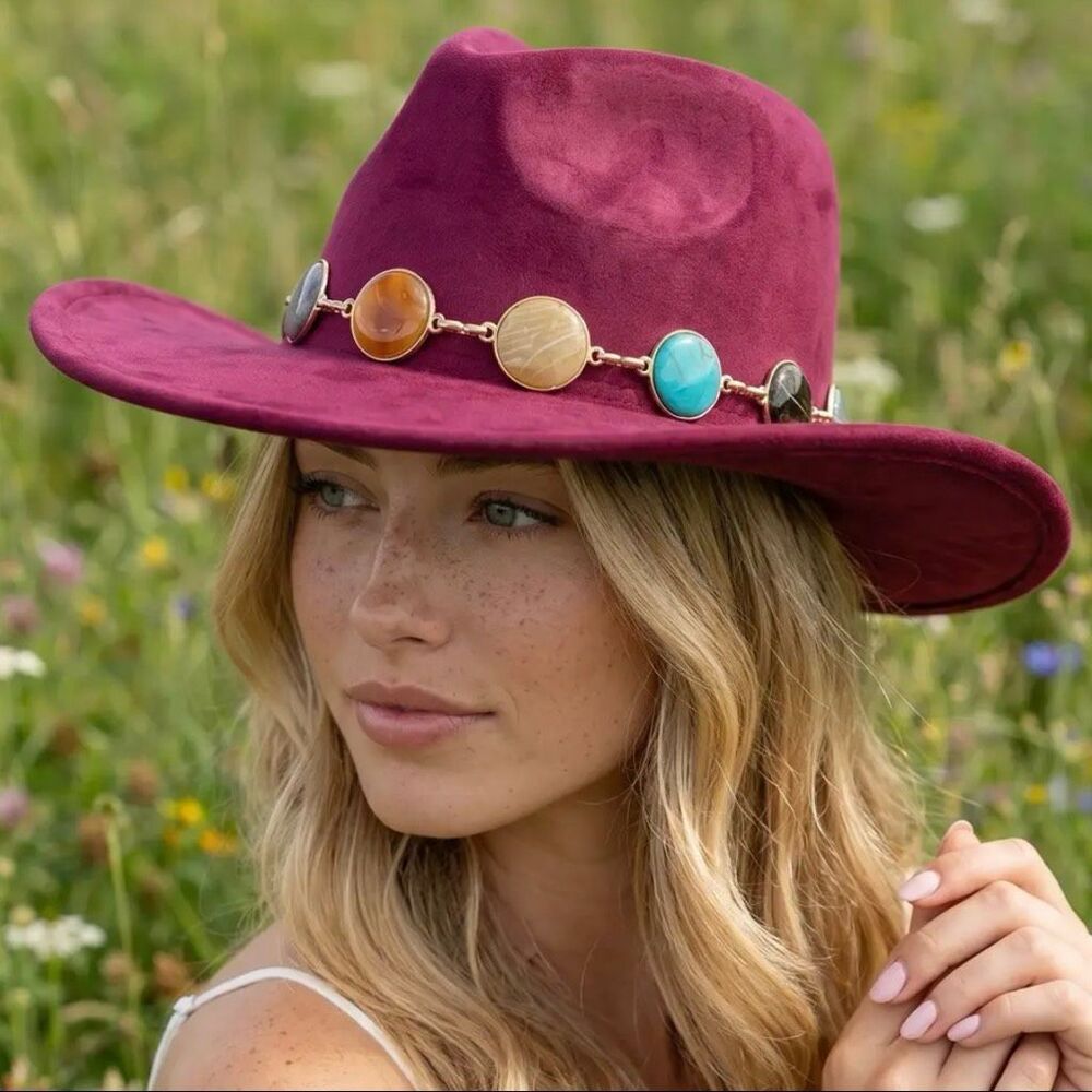 Western Burgundy Wide Brim Fedora Hat Muliticolor Gemstone Band Fashion Accessor